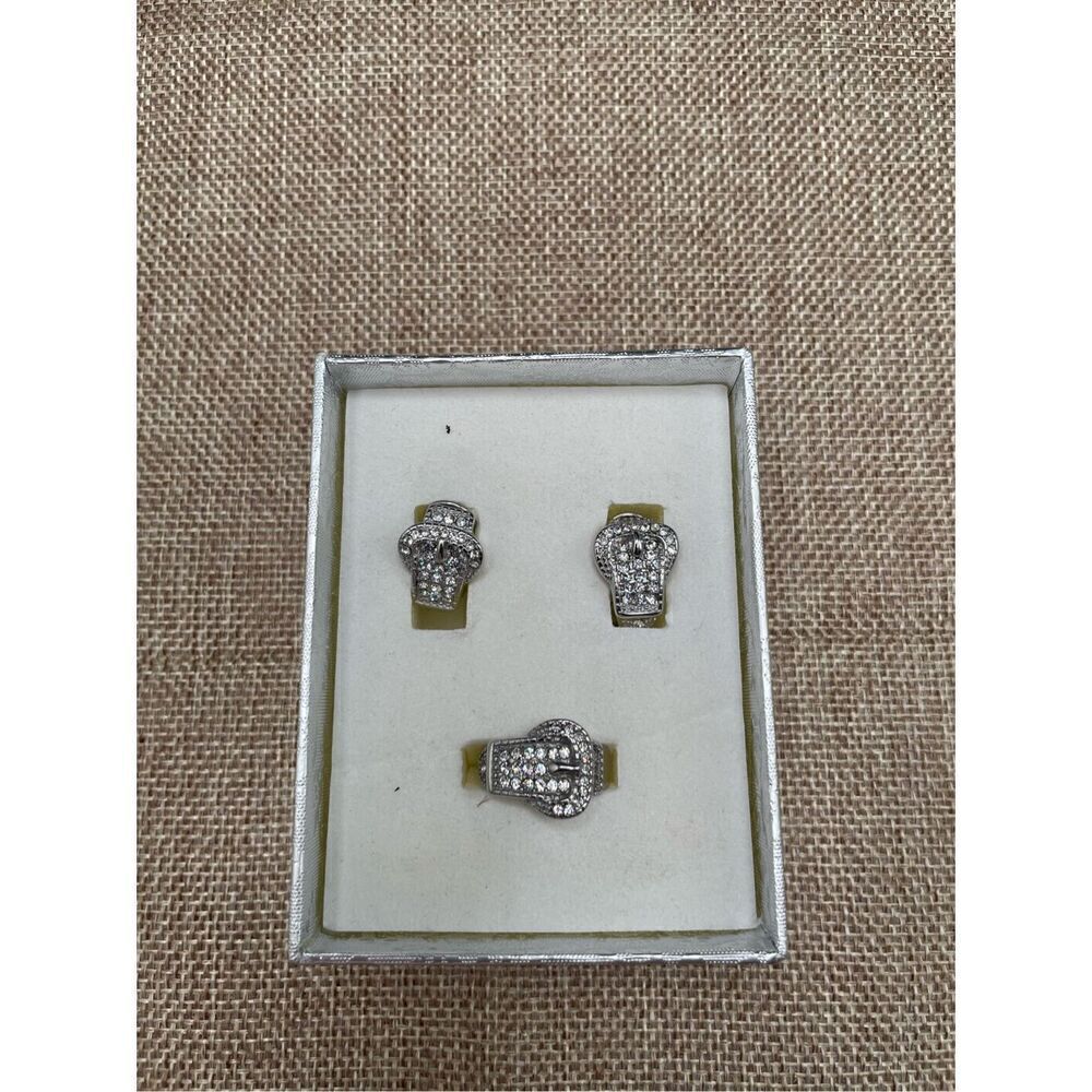 Set of 2 pieces of Clear Ranger Style Buckle Earrings and Cocktail Ring New Gift